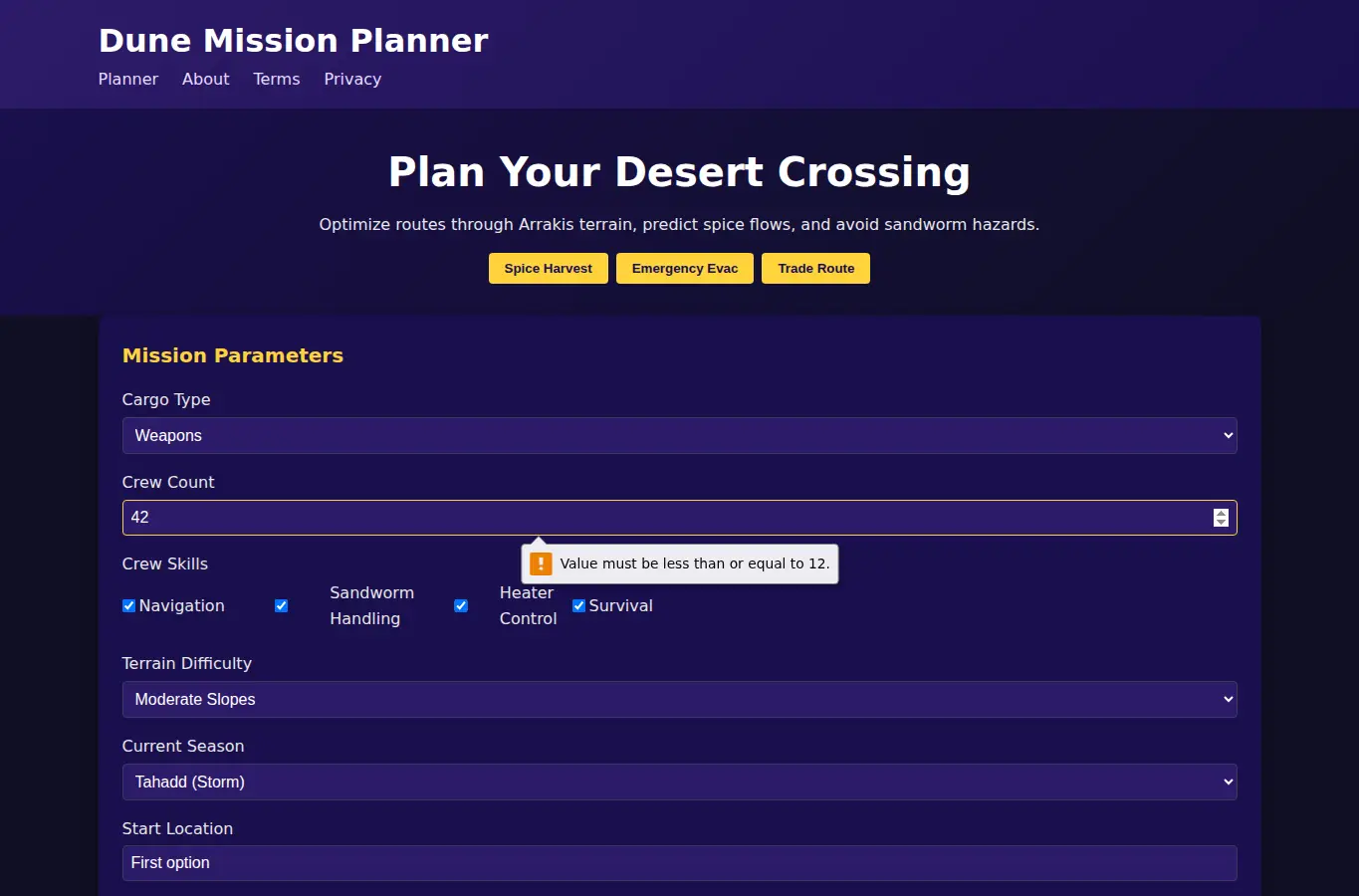 Screenshot of Dune: Part 3 Mission Planner interface showing the project page in use
